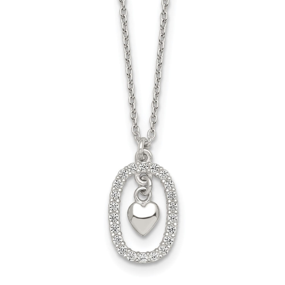 Sterling Silver Polished CZ Heart in Oval Necklace