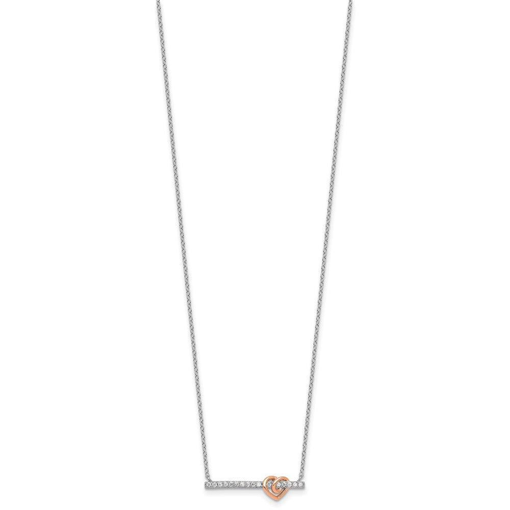 SS RH-pltd and Rose-plated CZ Heart Bar 16in w/2in Ext Necklace