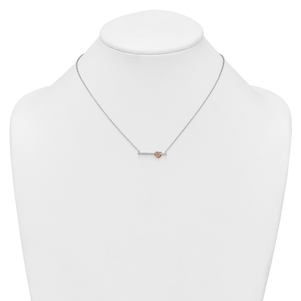 SS RH-pltd and Rose-plated CZ Heart Bar 16in w/2in Ext Necklace