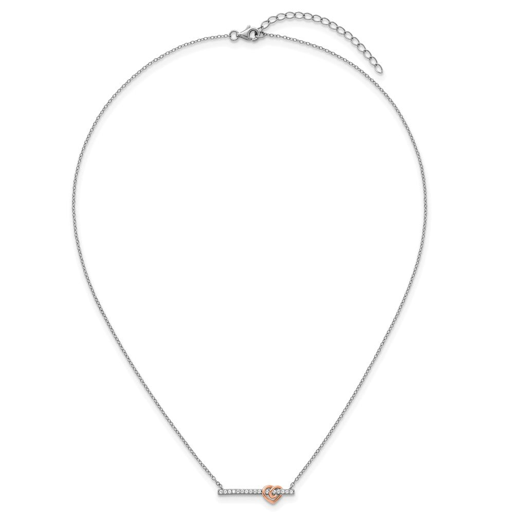 SS RH-pltd and Rose-plated CZ Heart Bar 16in w/2in Ext Necklace