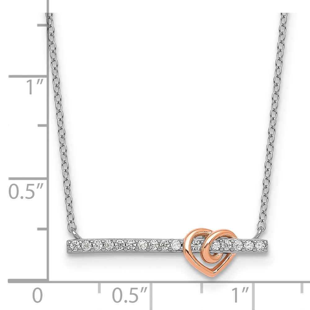 SS RH-pltd and Rose-plated CZ Heart Bar 16in w/2in Ext Necklace