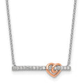 SS RH-pltd and Rose-plated CZ Heart Bar 16in w/2in Ext Necklace