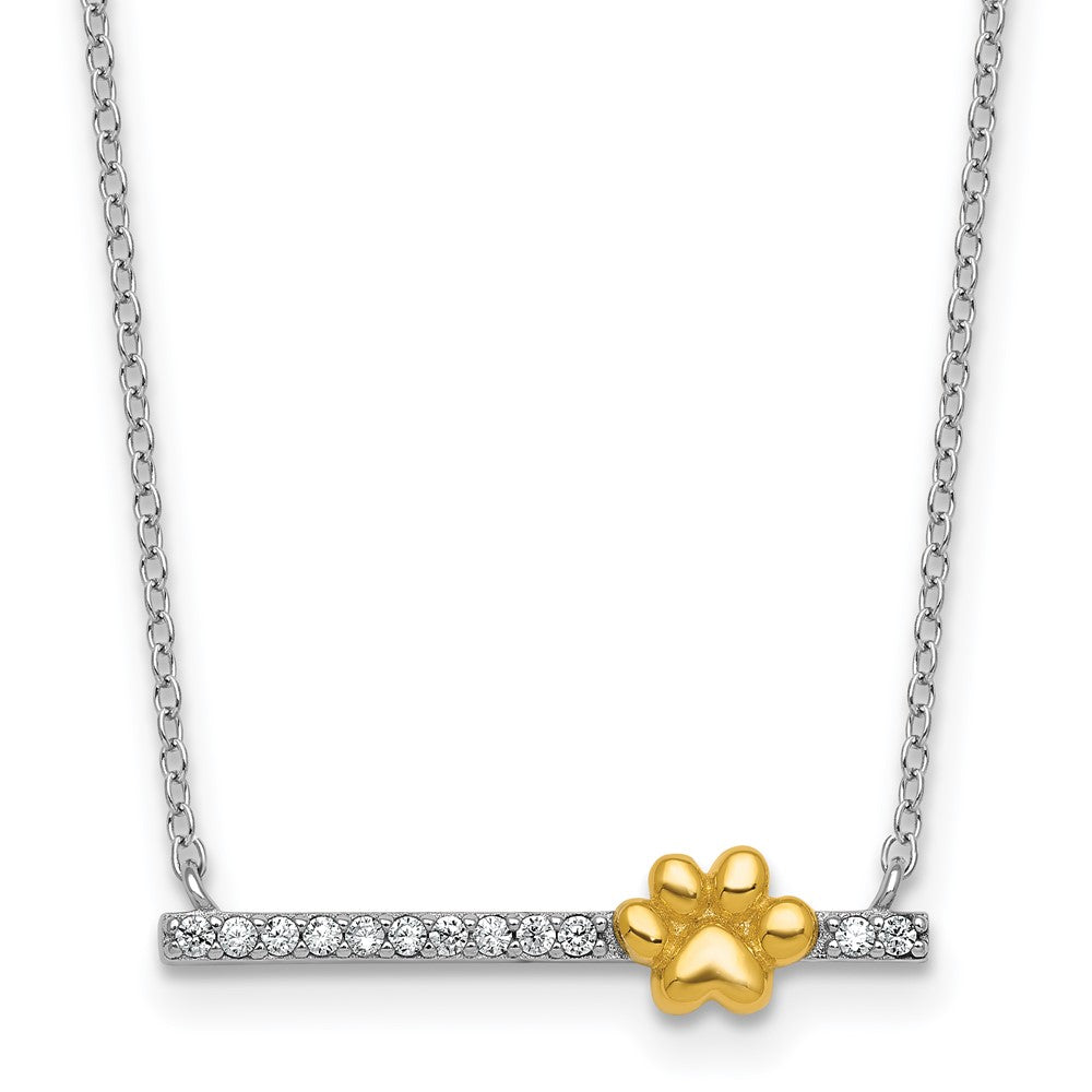 SS RH-pltd and Gold-plated CZ Paw Bar 16in w/2in Ext Necklace