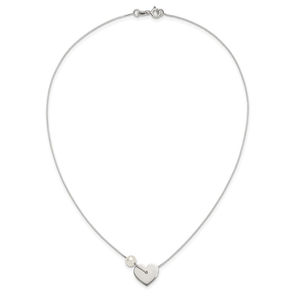 Sterling Silver Polished Glass Pearl Heart Necklace