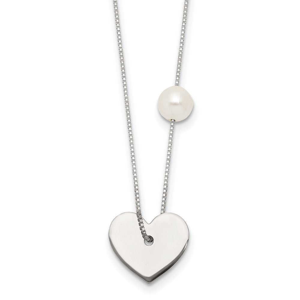 Sterling Silver Polished Glass Pearl Heart Necklace