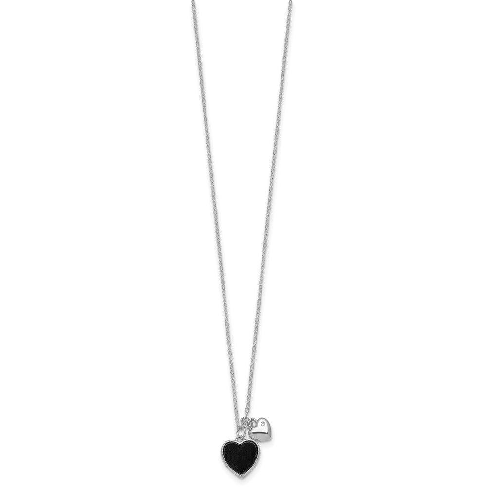 Sterling Silver RH-plated Onyx CZ Hearts 14in w/3in Ext Children's Necklace