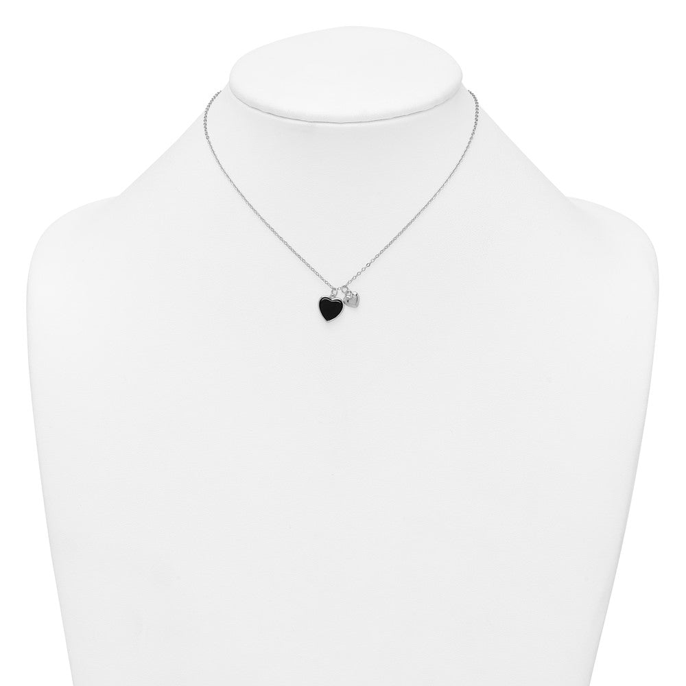 Sterling Silver RH-plated Onyx CZ Hearts 14in w/3in Ext Children's Necklace