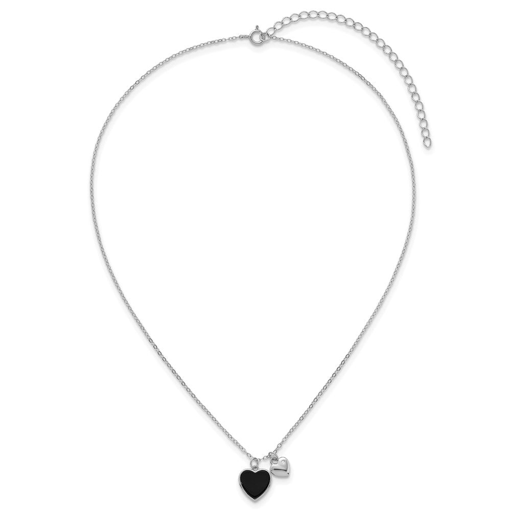 Sterling Silver RH-plated Onyx CZ Hearts 14in w/3in Ext Children's Necklace