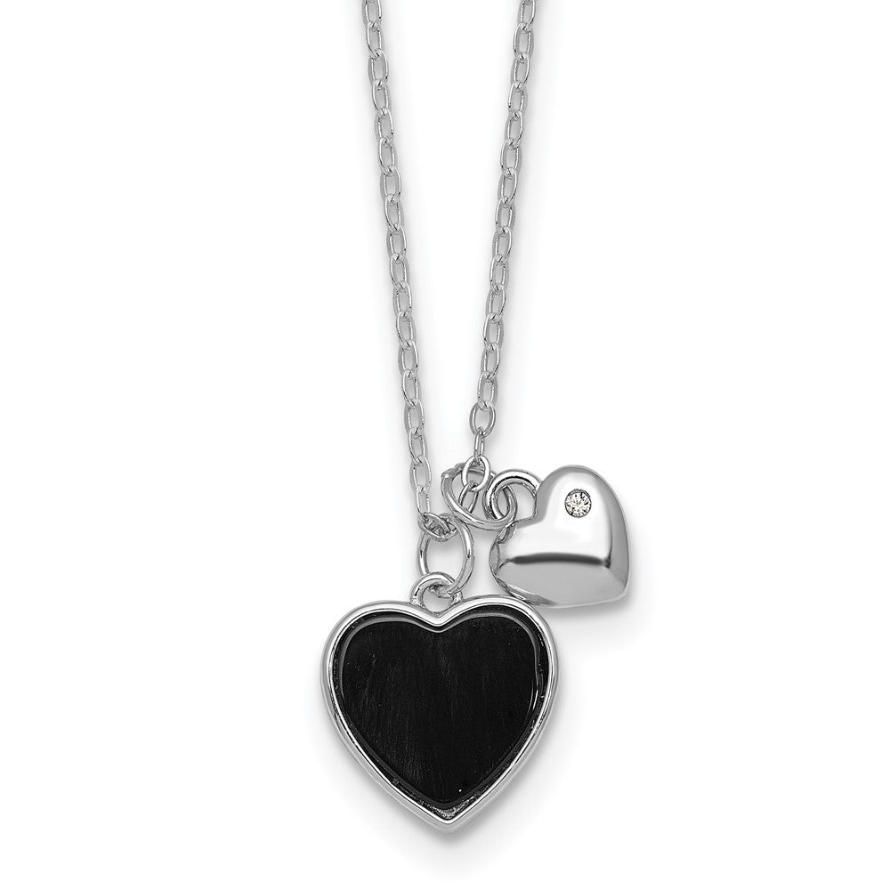 Sterling Silver RH-plated Onyx CZ Hearts 14in w/3in Ext Children's Necklace
