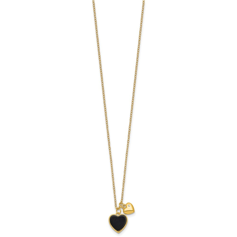 Sterling Silver Gold-tone Onyx CZ Hearts 14in w/3in Ext Children's Necklace