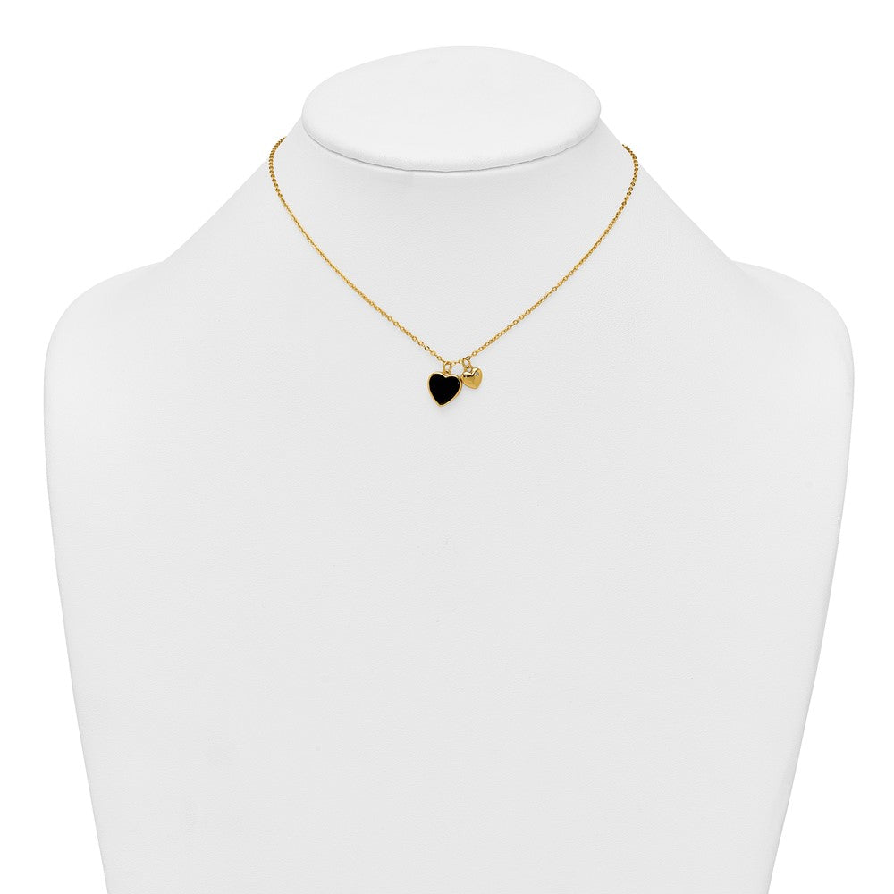 Sterling Silver Gold-tone Onyx CZ Hearts 14in w/3in Ext Children's Necklace