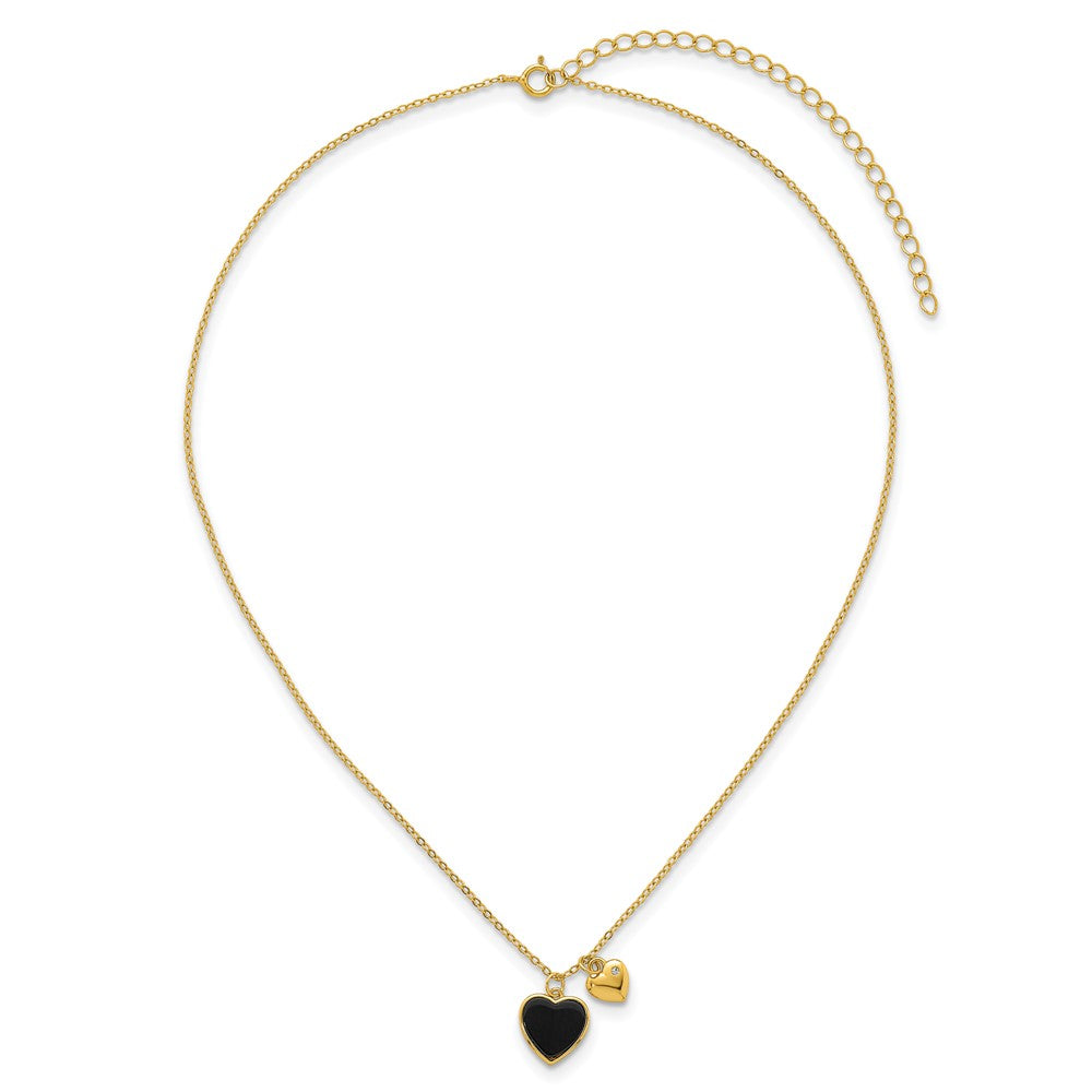 Sterling Silver Gold-tone Onyx CZ Hearts 14in w/3in Ext Children's Necklace