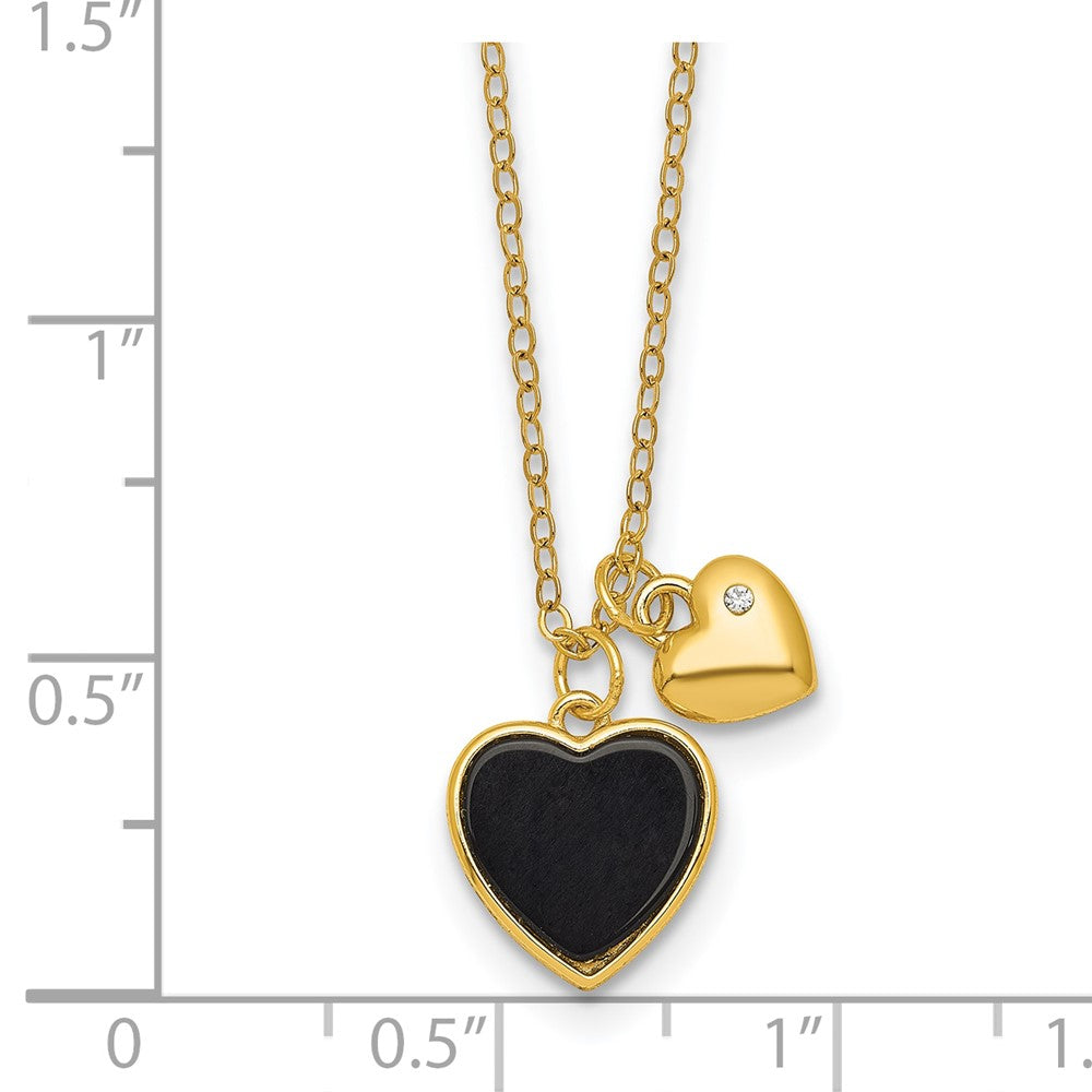 Sterling Silver Gold-tone Onyx CZ Hearts 14in w/3in Ext Children's Necklace