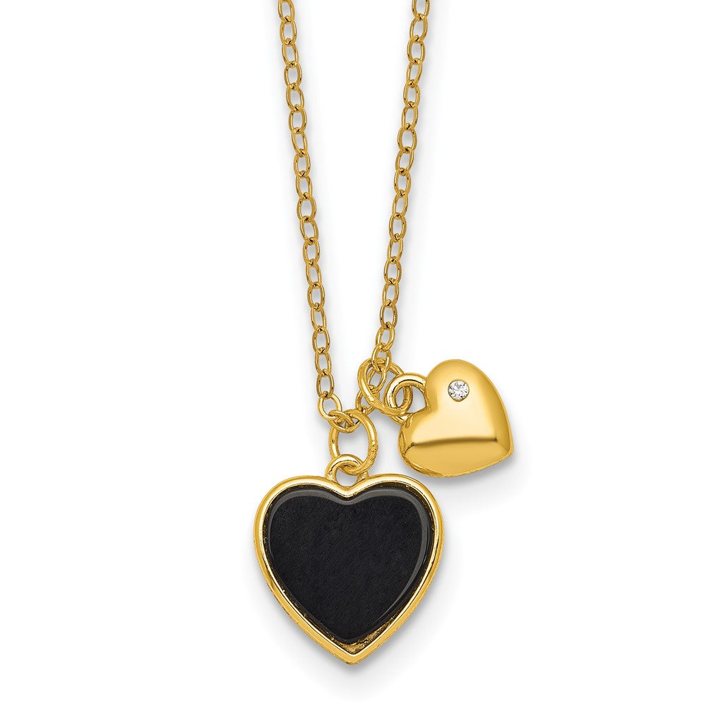 Sterling Silver Gold-tone Onyx CZ Hearts 14in w/3in Ext Children's Necklace