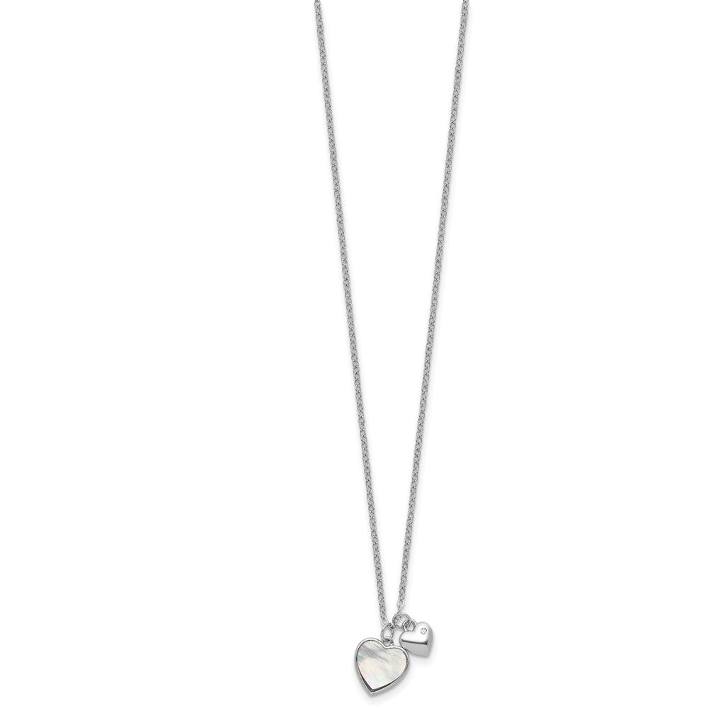 Sterling Silver RH-plated MOP CZ Hearts 14in w/3in Ext Children's Necklace