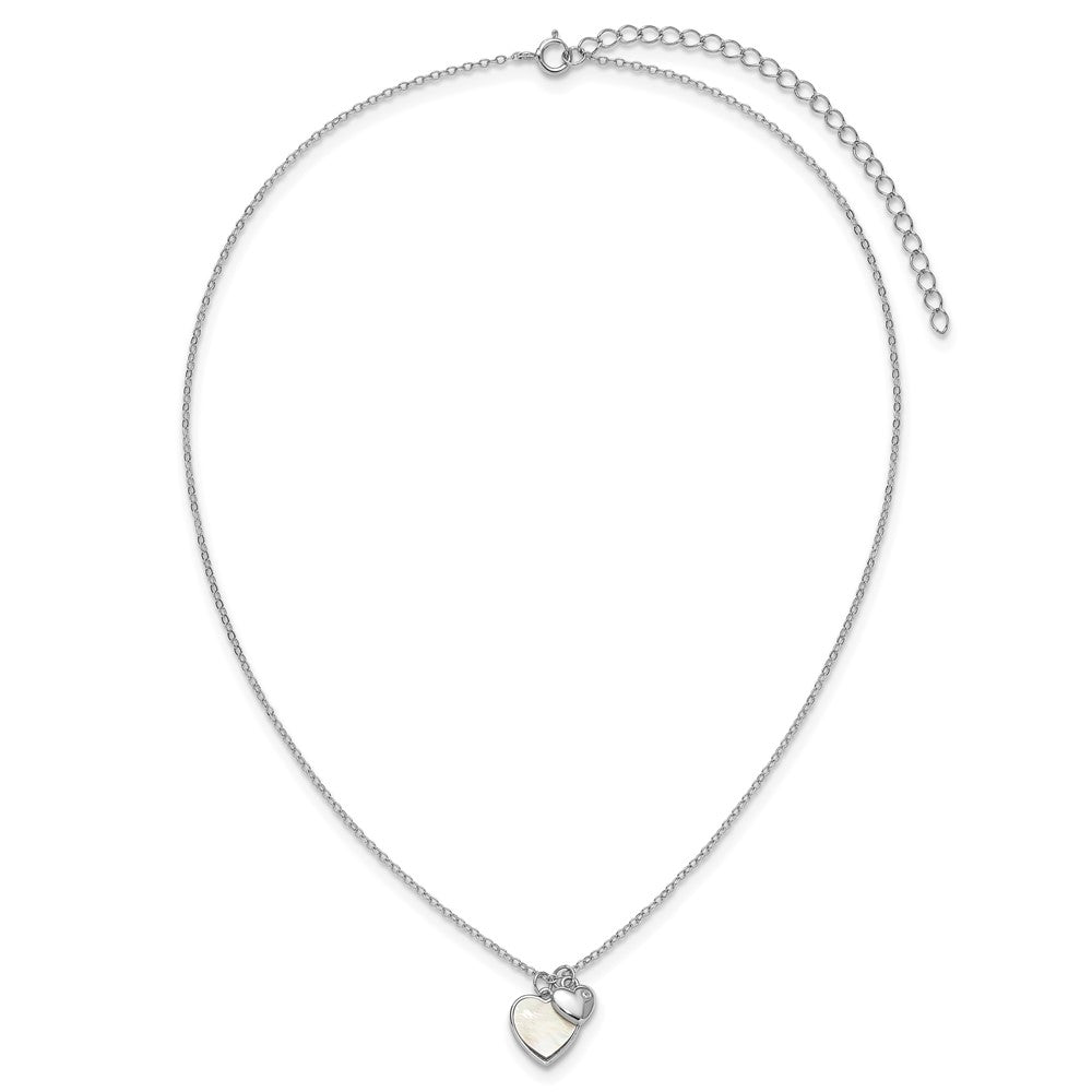 Sterling Silver RH-plated MOP CZ Hearts 14in w/3in Ext Children's Necklace