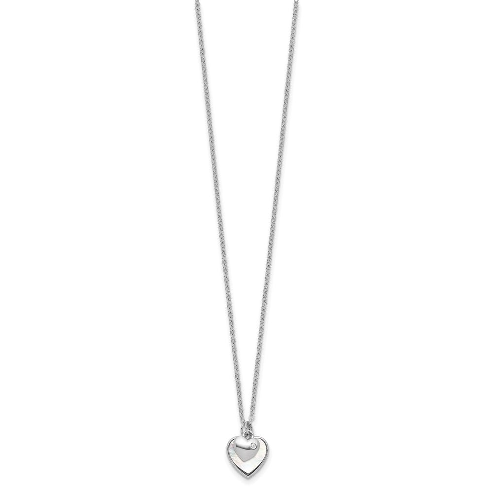 Sterling Silver RH-plated MOP CZ Hearts 14in w/3in Ext Children's Necklace