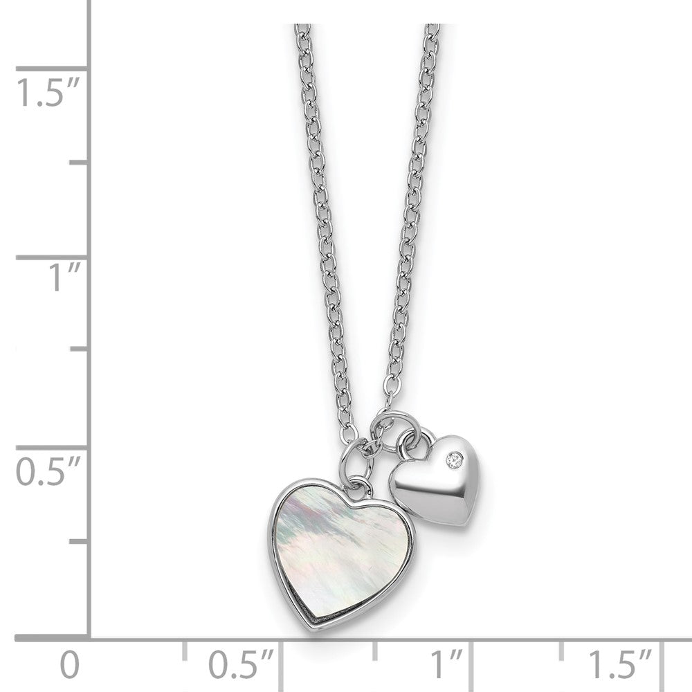Sterling Silver RH-plated MOP CZ Hearts 14in w/3in Ext Children's Necklace
