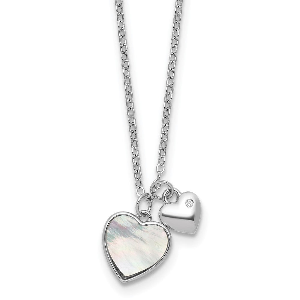 Sterling Silver RH-plated MOP CZ Hearts 14in w/3in Ext Children's Necklace