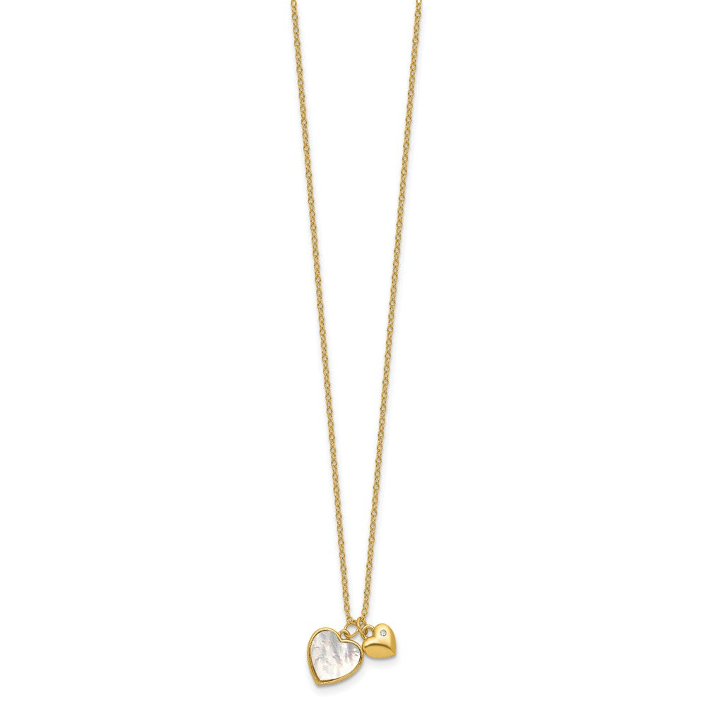 Sterling Silver Gold-plated MOP CZ Hearts 14in w/3in Ext Children's Necklac