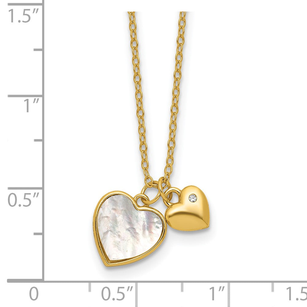 Sterling Silver Gold-plated MOP CZ Hearts 14in w/3in Ext Children's Necklac