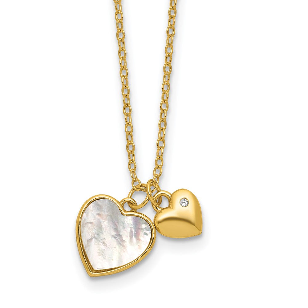 Sterling Silver Gold-plated MOP CZ Hearts 14in w/3in Ext Children's Necklac