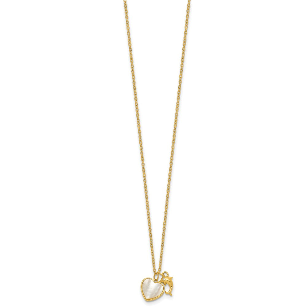 SS Gold-plated MOP and CZ Heart and Dolphin 16in w/2in Ext Necklace