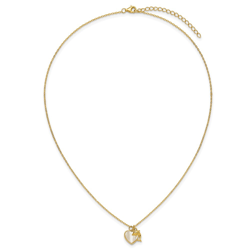 SS Gold-plated MOP and CZ Heart and Dolphin 16in w/2in Ext Necklace
