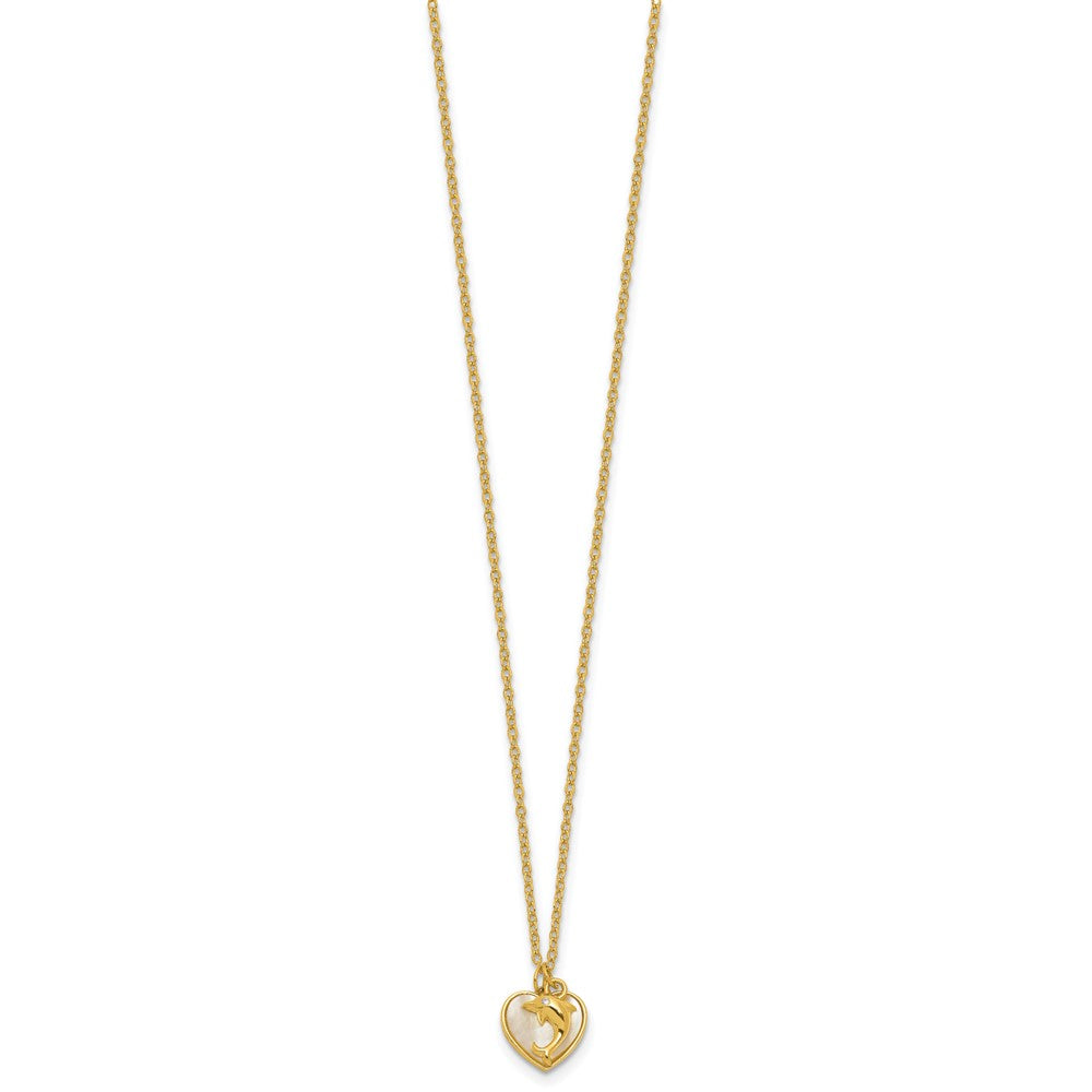 SS Gold-plated MOP and CZ Heart and Dolphin 16in w/2in Ext Necklace