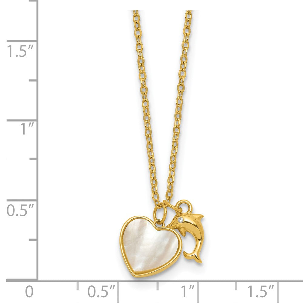 SS Gold-plated MOP and CZ Heart and Dolphin 16in w/2in Ext Necklace