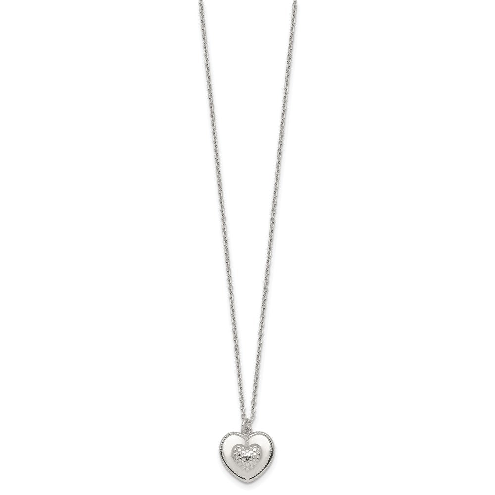 Sterling Silver Polished and Textured Heart w/ 2in Ext Necklace