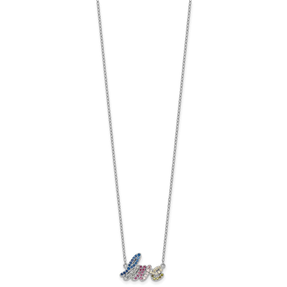 SS RH-pltd Polished Multicolor CZ LOVE 16in w/2in Ext Necklace
