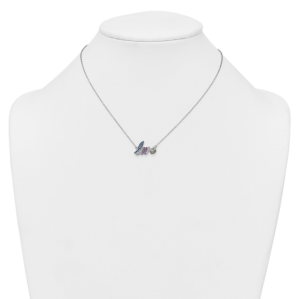 SS RH-pltd Polished Multicolor CZ LOVE 16in w/2in Ext Necklace