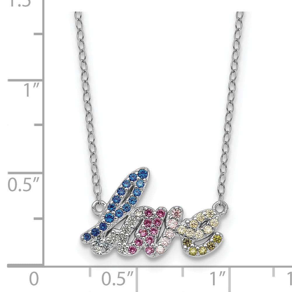 SS RH-pltd Polished Multicolor CZ LOVE 16in w/2in Ext Necklace