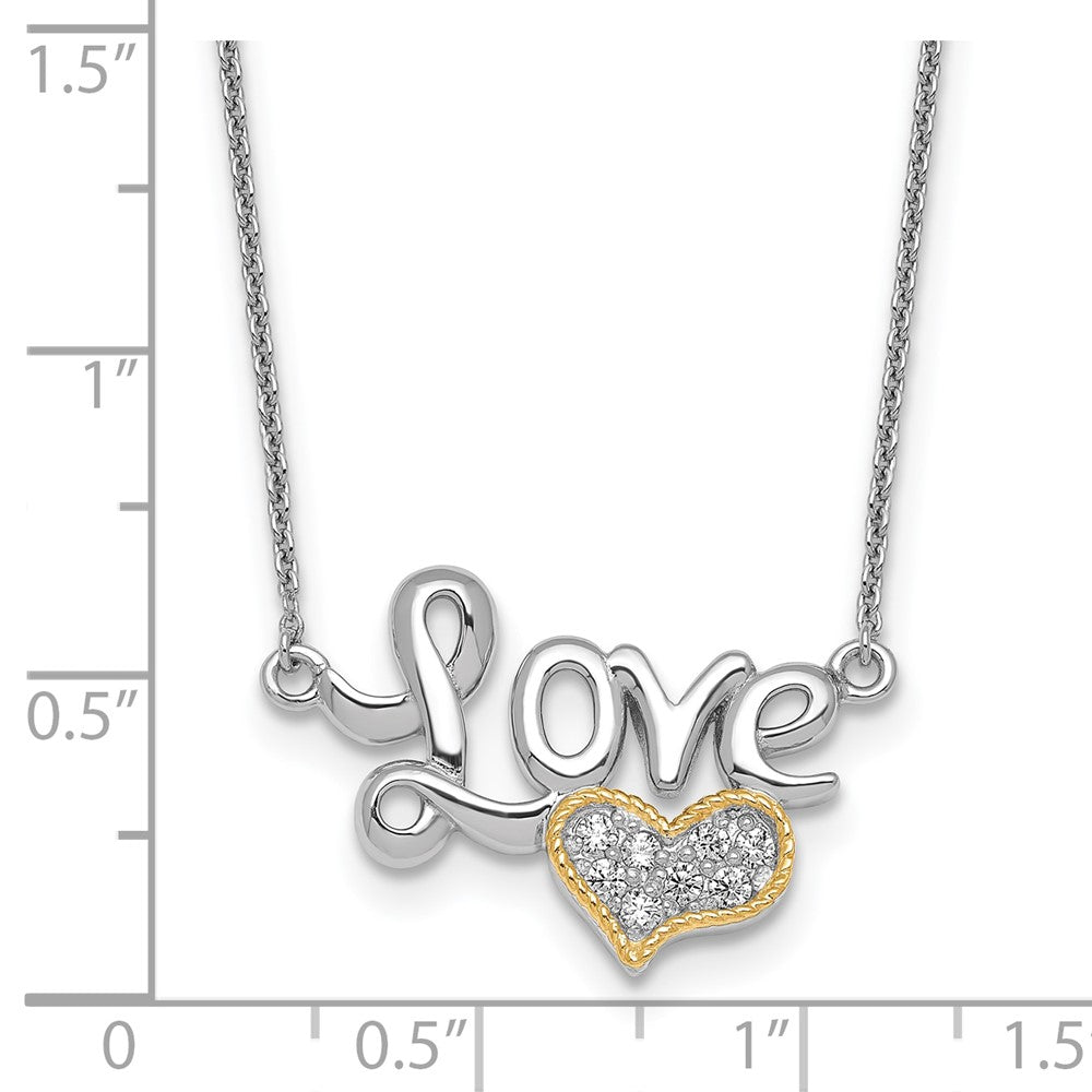 SS RH-pl w/14k Accent Polished CZ Love With Heart w/2in Ext Necklace
