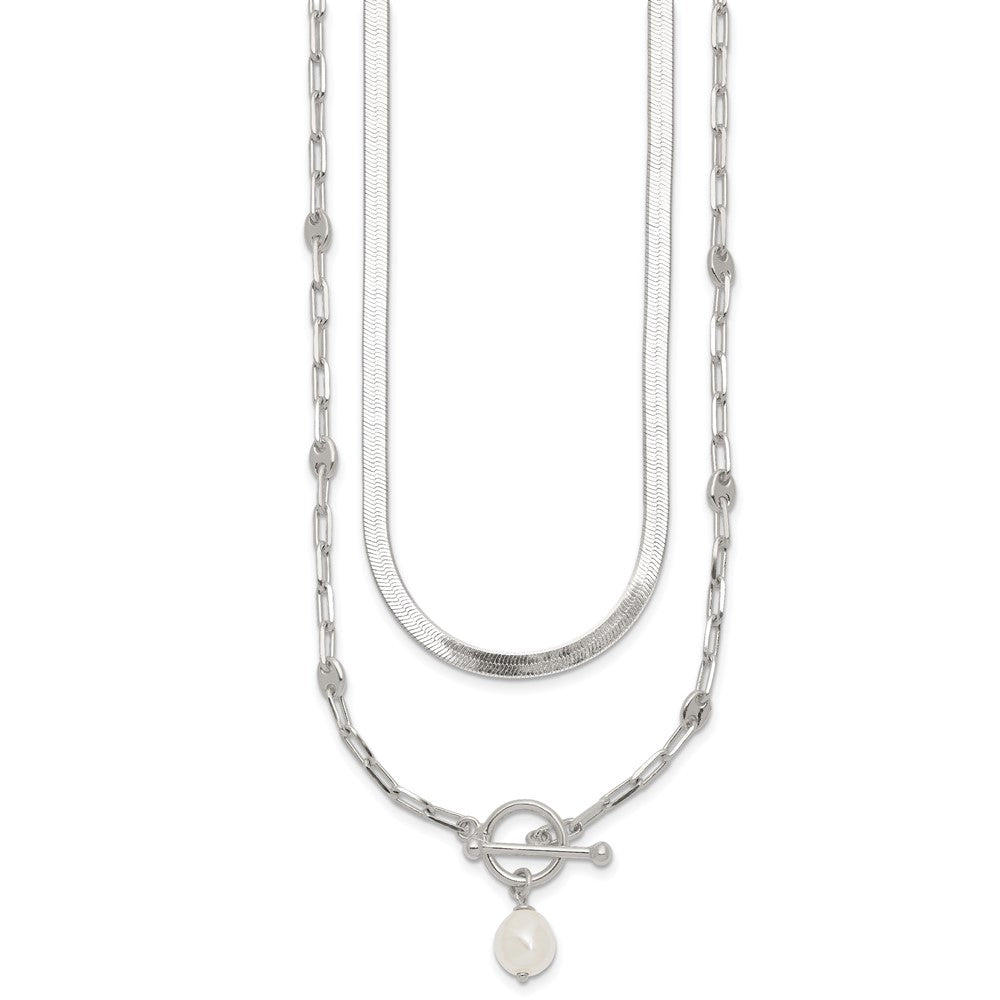 Sterling Silver Polished Crystal Pearl 2 Strand w/2in Ext Choker Necklace