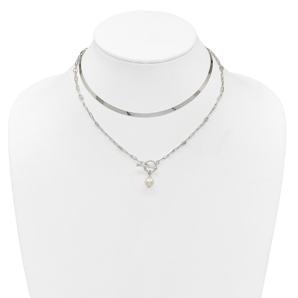 Sterling Silver Polished Crystal Pearl 2 Strand w/2in Ext Choker Necklace