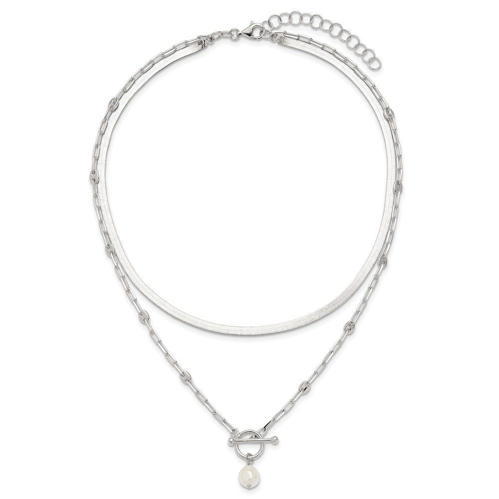 Sterling Silver Polished Crystal Pearl 2 Strand w/2in Ext Choker Necklace