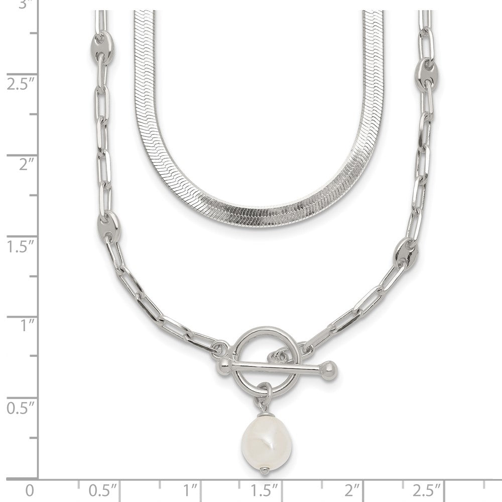 Sterling Silver Polished Crystal Pearl 2 Strand w/2in Ext Choker Necklace