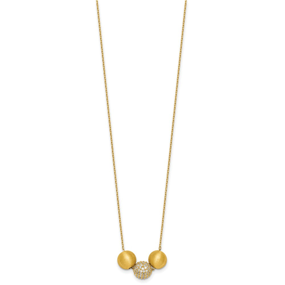Sterling Silver Gold-Tone Brushed and CZ Beads 16in w/2in Ext Necklace