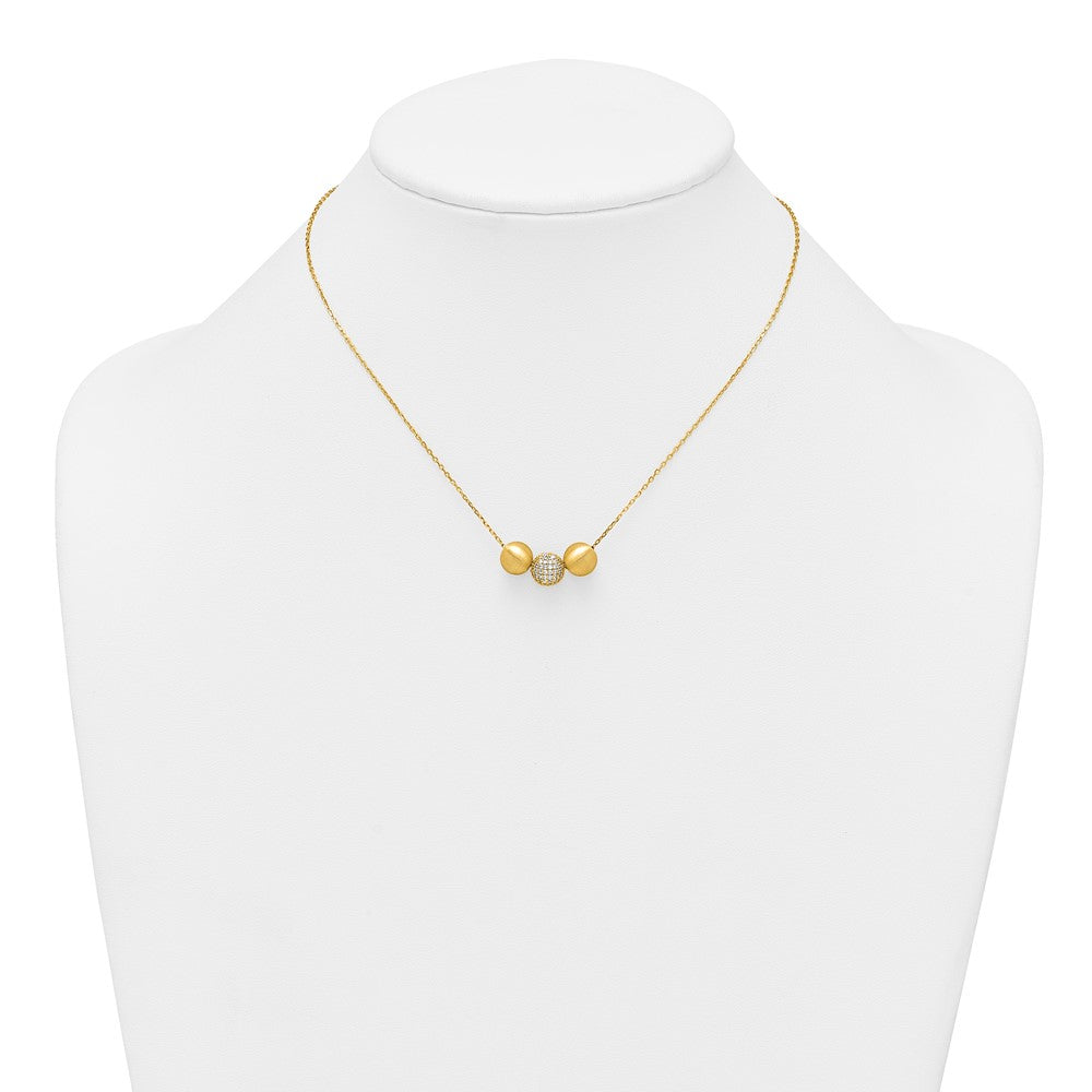 Sterling Silver Gold-Tone Brushed and CZ Beads 16in w/2in Ext Necklace