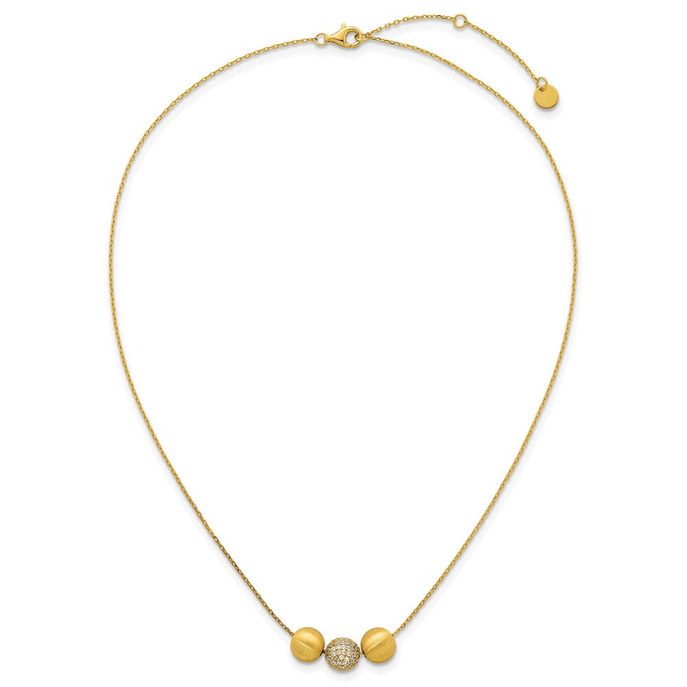 Sterling Silver Gold-Tone Brushed and CZ Beads 16in w/2in Ext Necklace