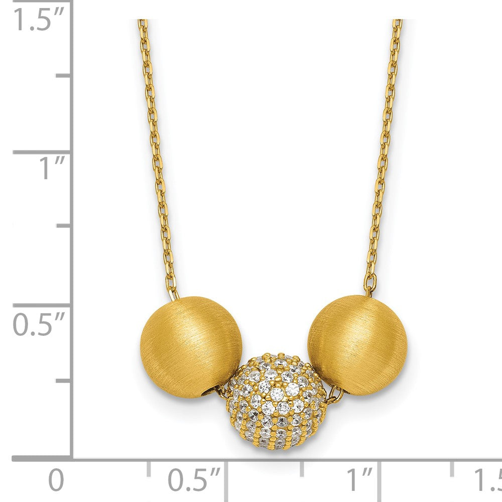 Sterling Silver Gold-Tone Brushed and CZ Beads 16in w/2in Ext Necklace