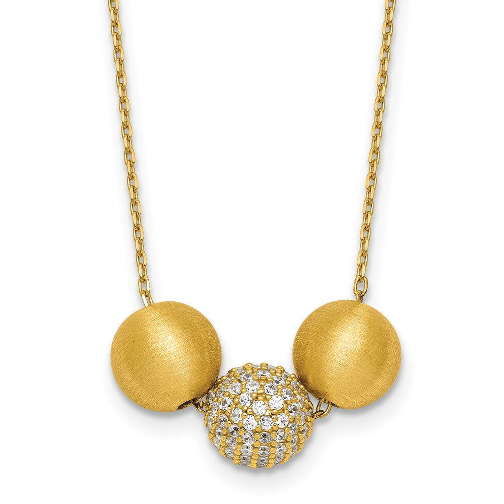 Sterling Silver Gold-Tone Brushed and CZ Beads 16in w/2in Ext Necklace