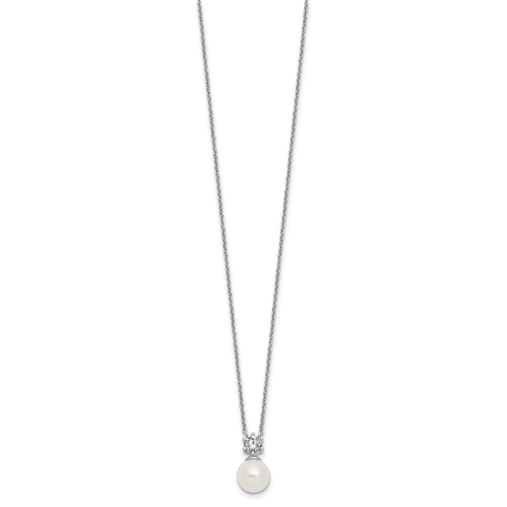 Sterling Silver RH-pltd Polished CZ Shell Pearl 15.5in w/2in Ext Necklace