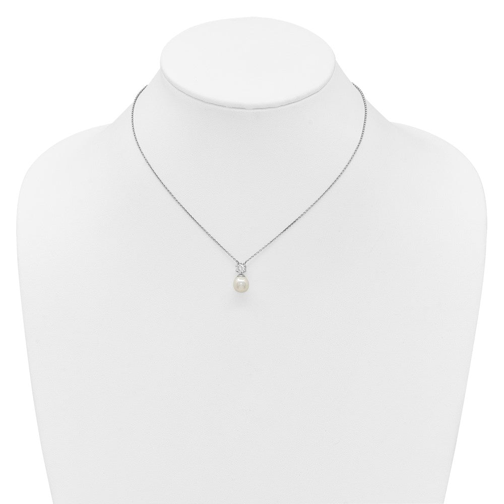 Sterling Silver RH-pltd Polished CZ Shell Pearl 15.5in w/2in Ext Necklace