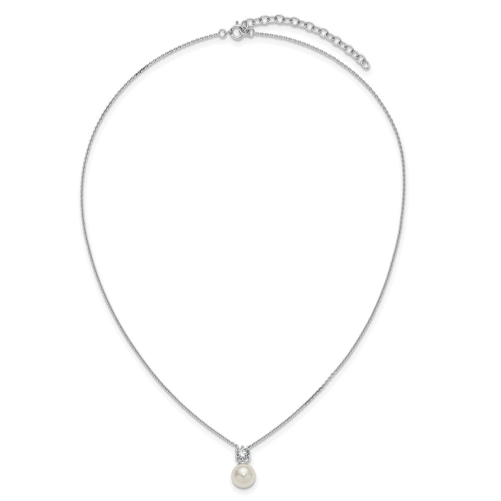 Sterling Silver RH-pltd Polished CZ Shell Pearl 15.5in w/2in Ext Necklace