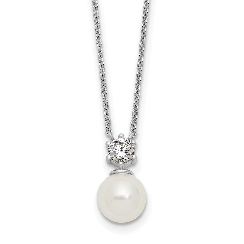 Sterling Silver RH-pltd Polished CZ Shell Pearl 15.5in w/2in Ext Necklace