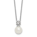 Sterling Silver RH-pltd Polished CZ Shell Pearl 15.5in w/2in Ext Necklace