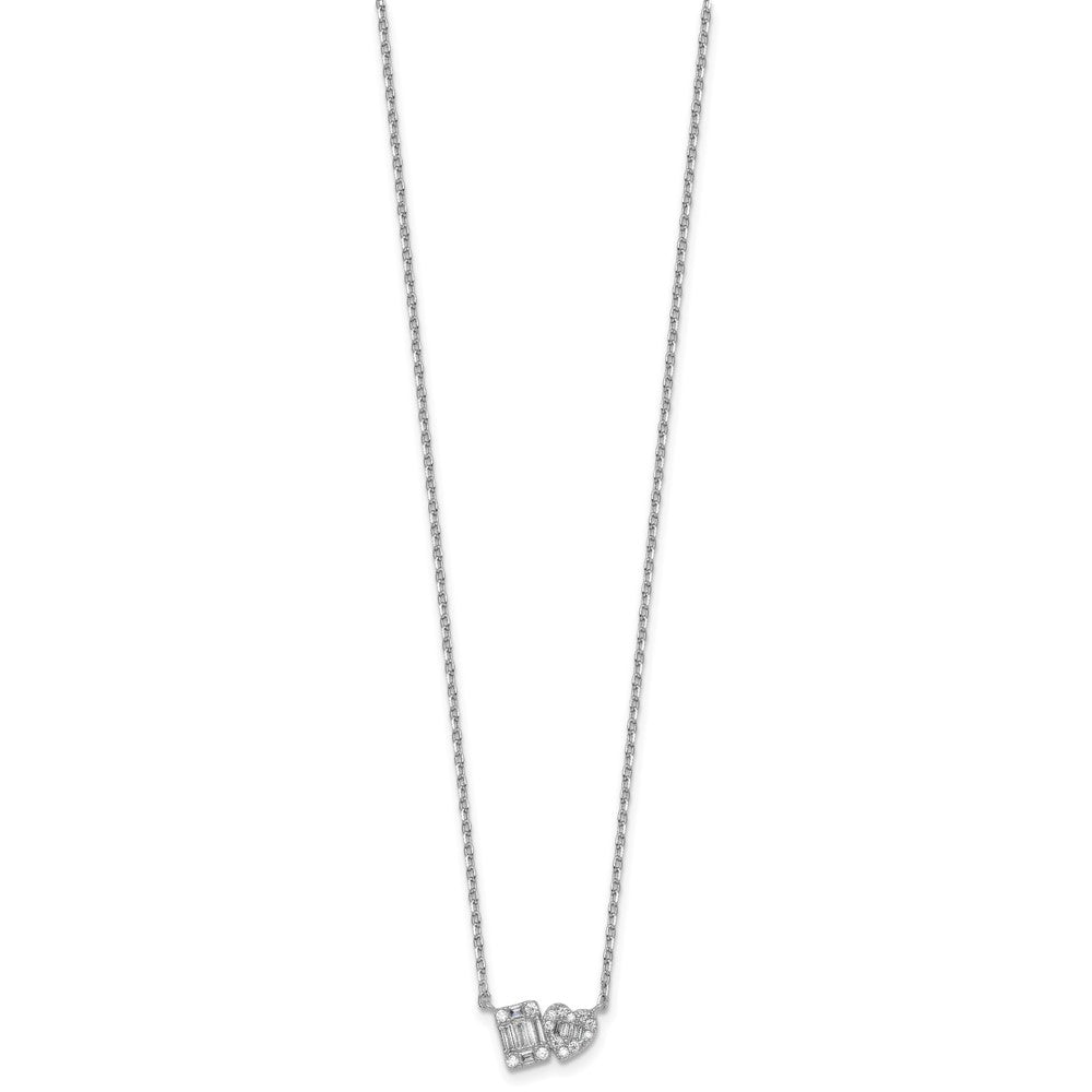 Sterling Silver RH-plated CZ Heart/Rectangle 16in w/2in Ext Necklace